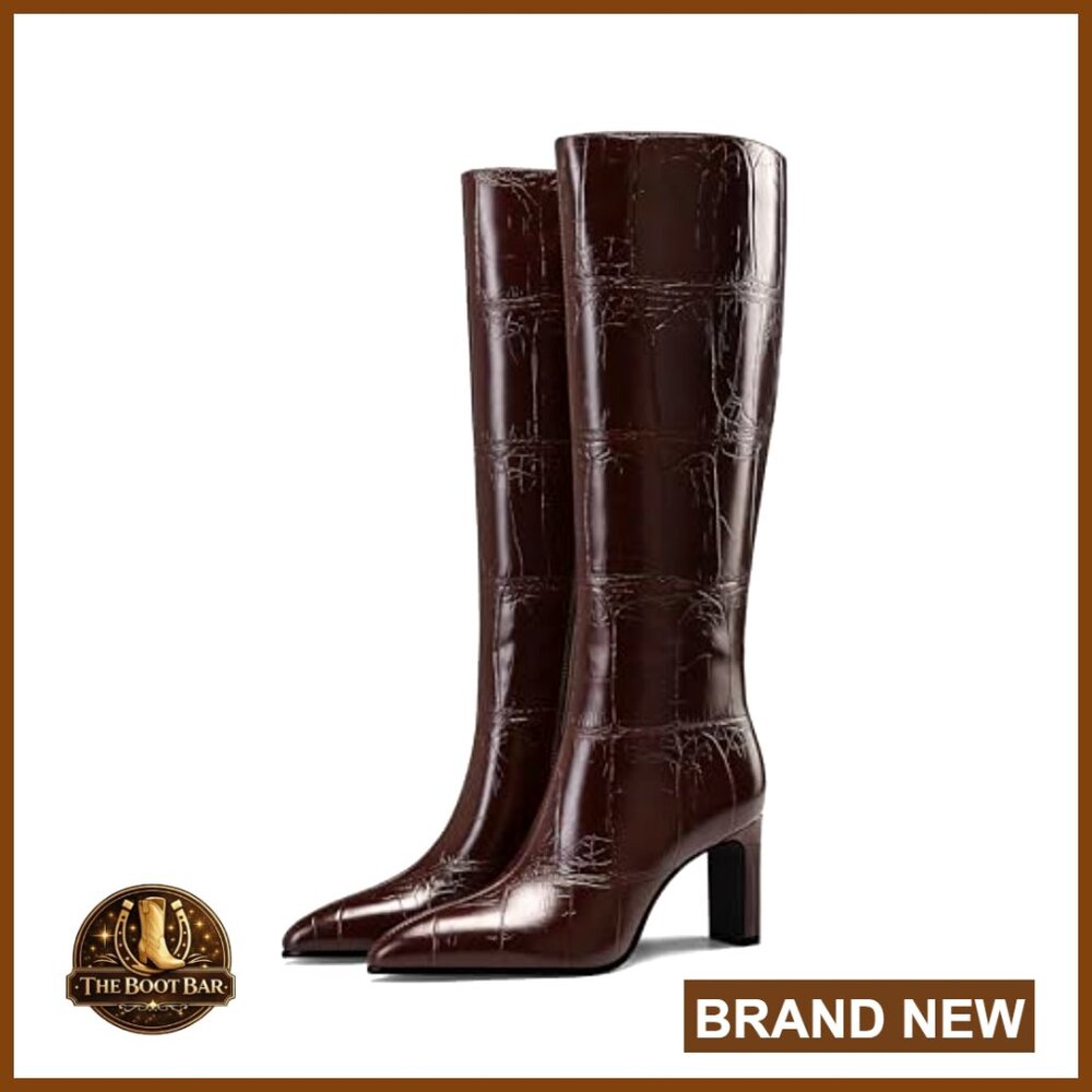 Chunky Heel Pointed Toe Knee-High Boots PU Leather - Picture 2 of 6